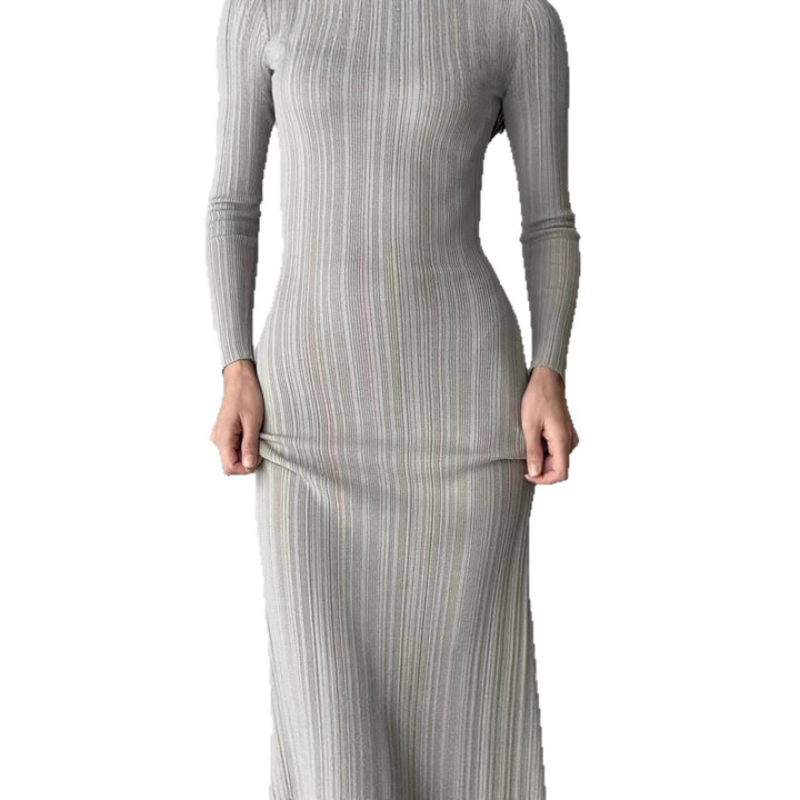 Damen Elegantes Rippstrick-Maxikleid mit langen Ärmeln und figurbetontem Schnitt Drune