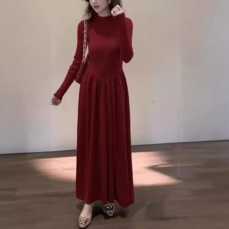 Damen Elegantes Langarm-Maxikleid mit hohem Hals Drune