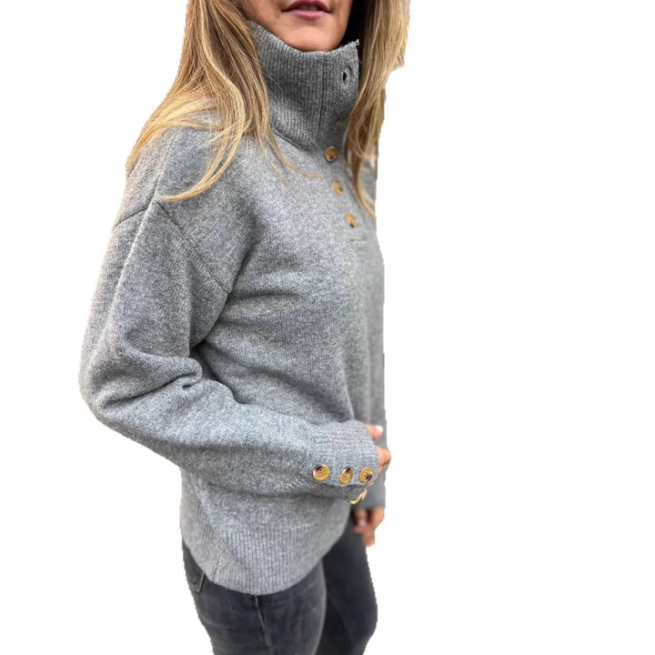 Damen kuscheliger Pullover mit hohem Kragen und dekorativen Knopfdetails Drune
