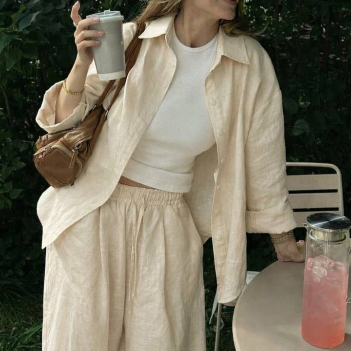 Damen nan luftiges Leinen-Loungeset mit Oversize-Hemd und weiter Bundhose mit Gummizug Drune