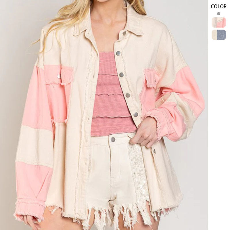 Damen Oversized Denim Jacke mit einzigartigen Farbblöcken und fransigen Details Drune