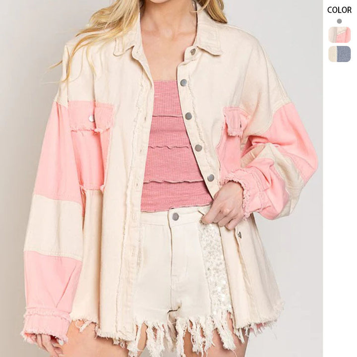 Damen Oversized Denim Jacke mit einzigartigen Farbblöcken und fransigen Details Drune