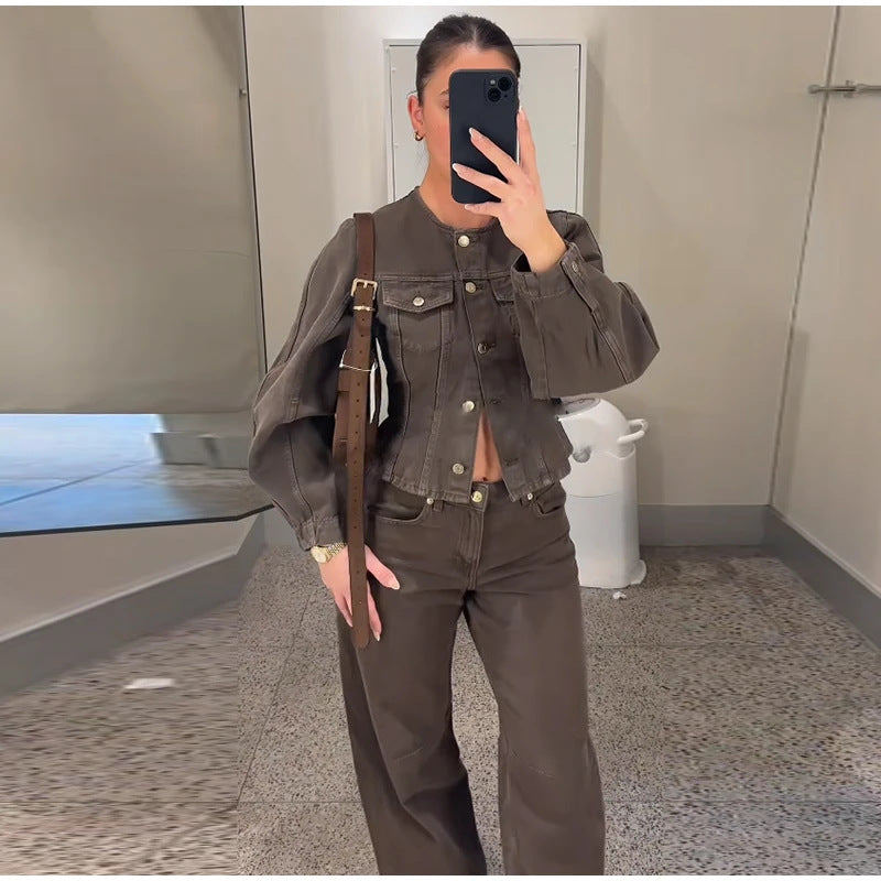 Damen Modische Jeansjacke mit Puffärmeln und Knopfdetails Drune