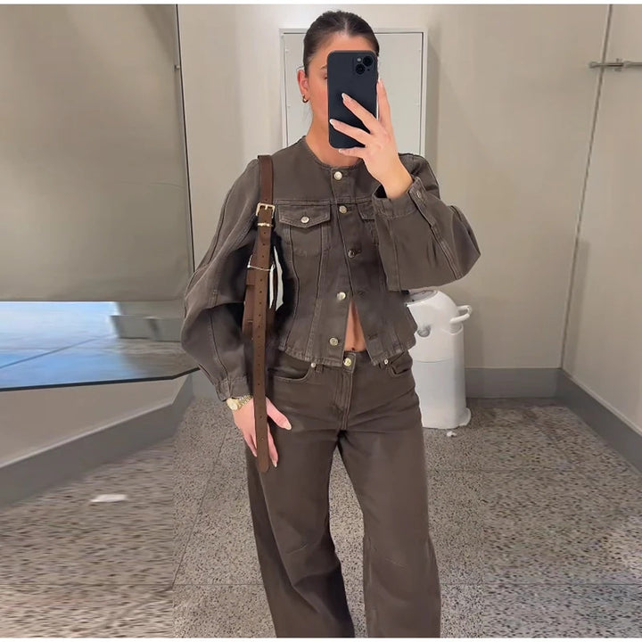 Damen Modische Jeansjacke mit Puffärmeln und Knopfdetails Drune