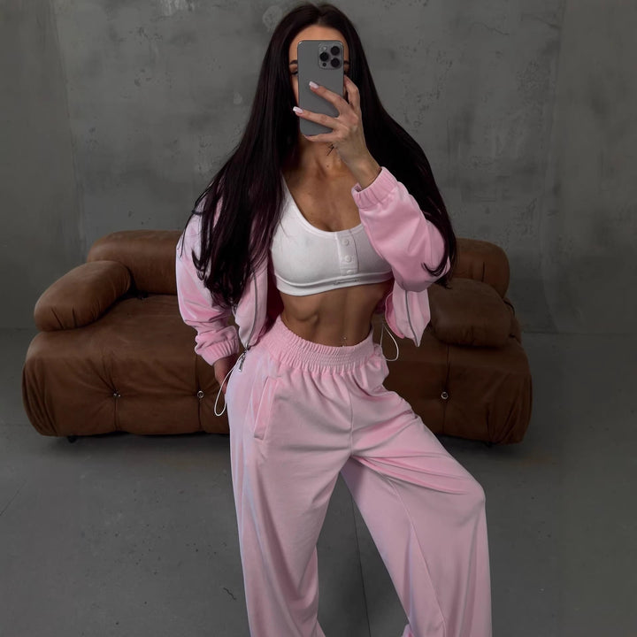 Damen Sportliches Velours-Joggingensemble mit kurzen Ärmeln und weit geschnittenen Beinen Drune