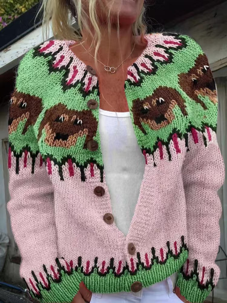 Damen nan gemusterte Strickjacke mit Rundpasse, Holzknöpfen und Eingrifftaschen Drune