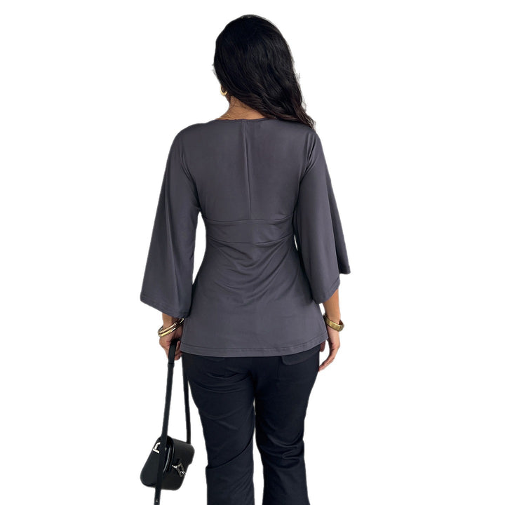 Damen Elegantes Wickeloberteil mit weitem Ärmel und V-Ausschnitt Drune