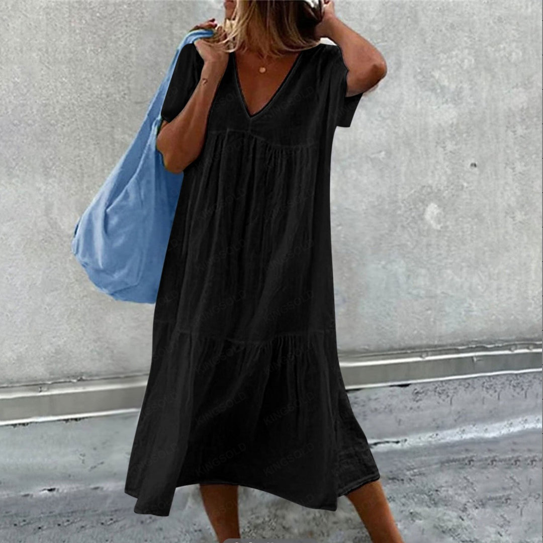 Damen Maxikleid mit modernem V-Ausschnitt und femininer Lockere Passform Drune