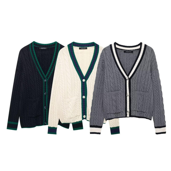 Damen Strickjacke mit V-Ausschnitt und dekorativen Kabelmustern Drune