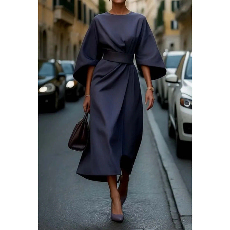 Damen Elegantes Maxikleid mit weiten Ärmeln und tailliertem Gürtel Drune