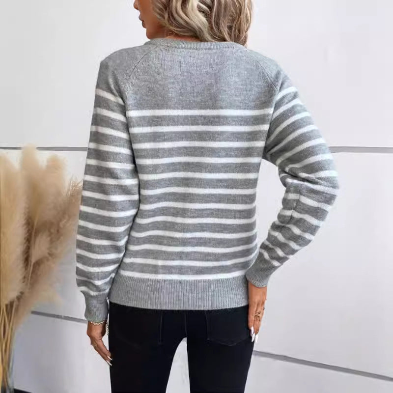 Damen gestreifter Pullover mit Knopfdetails und Rundhalsausschnitt Drune