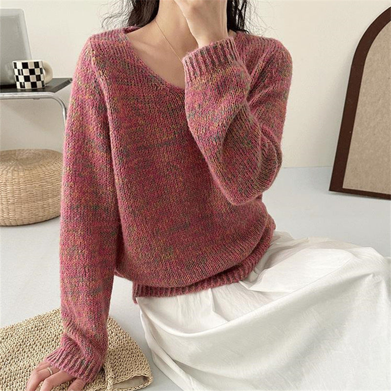 Damen leichter Strickpullover mit V-Ausschnitt und voluminösen Ärmeln Drune