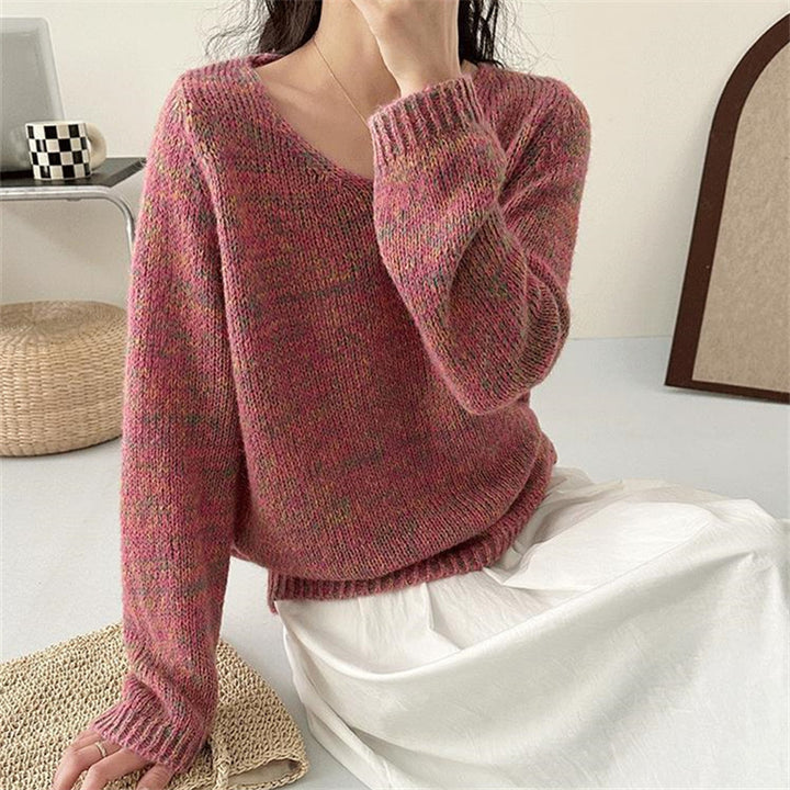Damen leichter Strickpullover mit V-Ausschnitt und voluminösen Ärmeln Drune