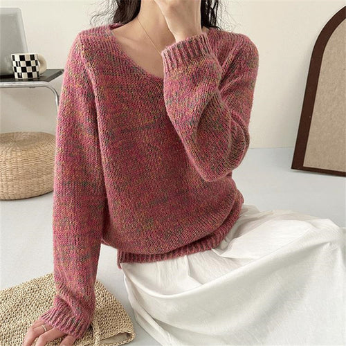 Damen leichter Strickpullover mit V-Ausschnitt und voluminösen Ärmeln Drune