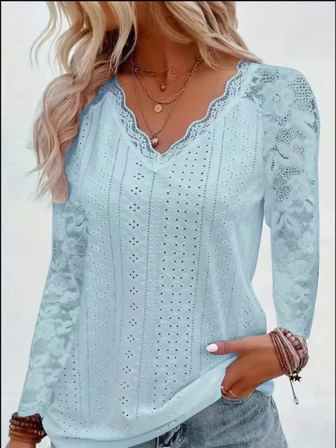 Damen Elegantes Oberteil mit Spitzenbesatz und V-Ausschnitt Drune