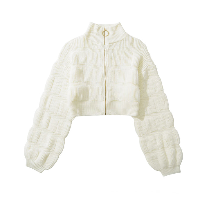 Damen Cropped Strickjacke mit dekorativem Reißverschluss und voluminösen Ärmeln Drune