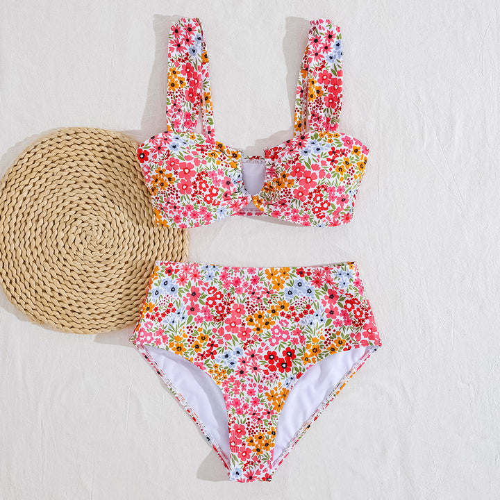 Damen Hochgeschnittenes Bikini-Set mit floralen Details und breiten Trägern Drune
