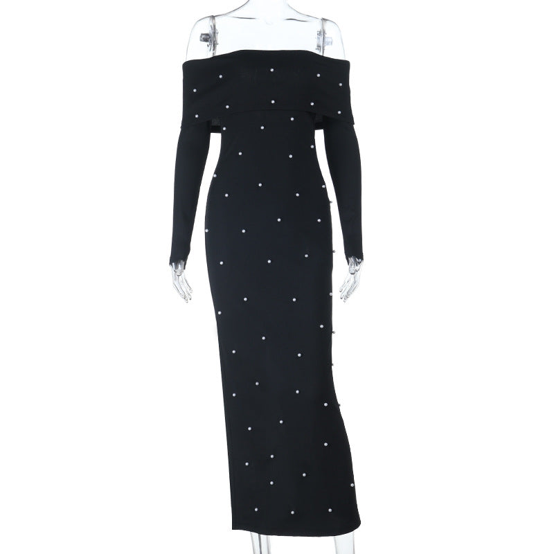 Damen schulterfreies Maxikleid mit eleganter Perlenverzierung und figurbetontem Schnitt Drune