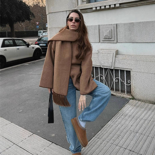 Damen oversized Mantel mit Fransendetails Drune