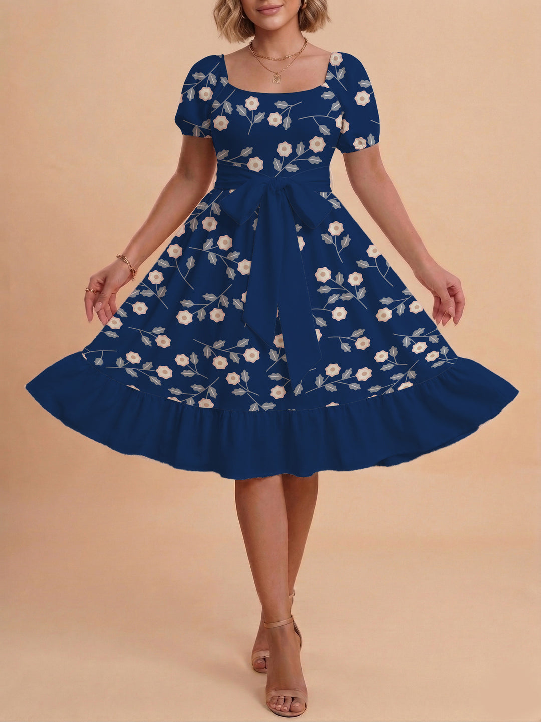 Damen Blumenkleid mit taillierbarem Gürtel und voluminösen Ärmeln Drune