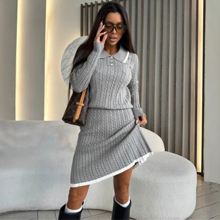 Damen Strickkleid mit Polo-Kragen und hochwertiger Zopfmuster-Oberfläche Drune