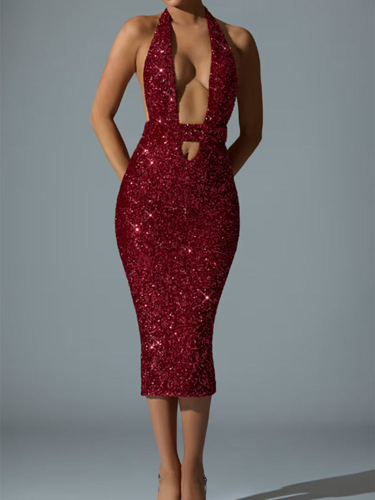 Damen Glamouröses Pailletten-Midi-Kleid mit tiefem V-Ausschnitt und figurbetonter Silhouette Drune