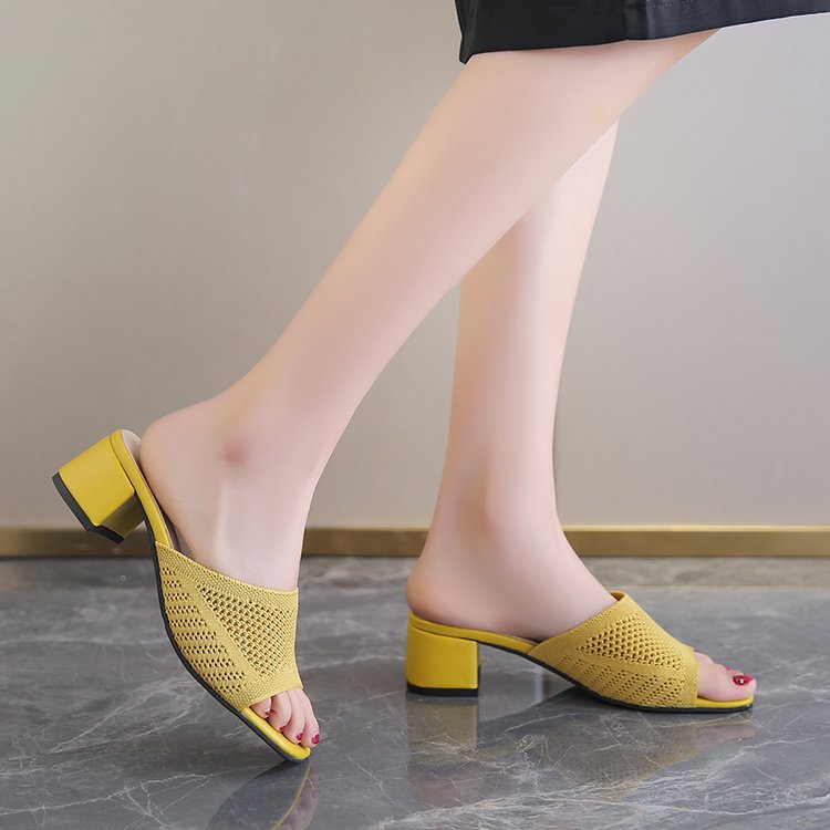 Damen nan gestrickte Sommermule mit niedrigem Blockabsatz und quadratischer Zehenform Drune