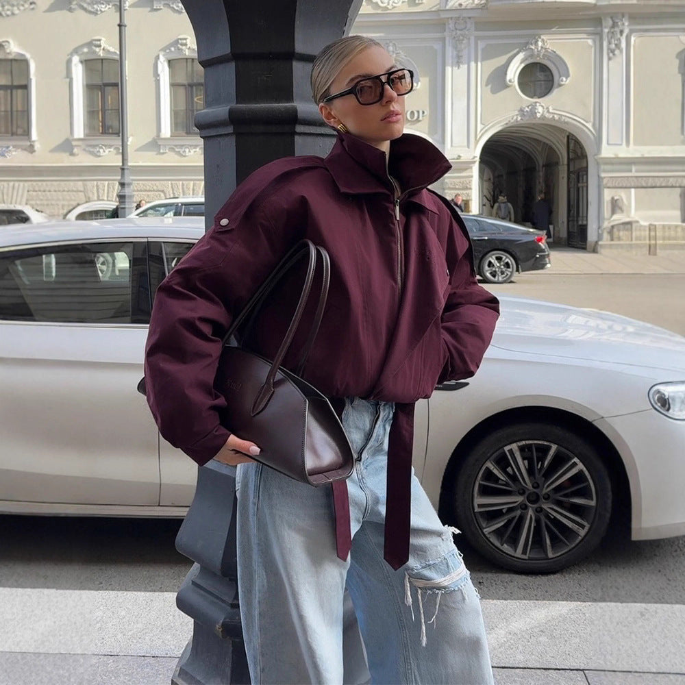 Damen oversized Übergangsjacke mit hohem Kragen und Bindegürtel Drune