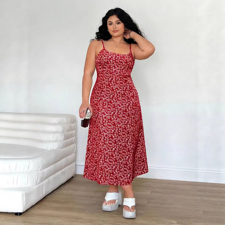 Damen Maxikleid mit feinem Blumenmuster und verstellbaren Spaghettiträgern Drune