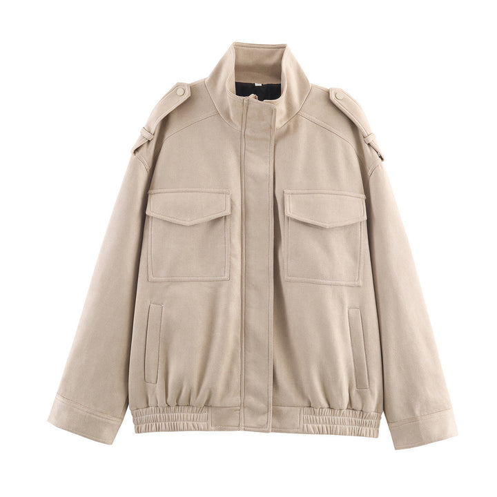 Damen Oversized Utility-Jacke mit praktischen Taschen und hohem Kragen Drune