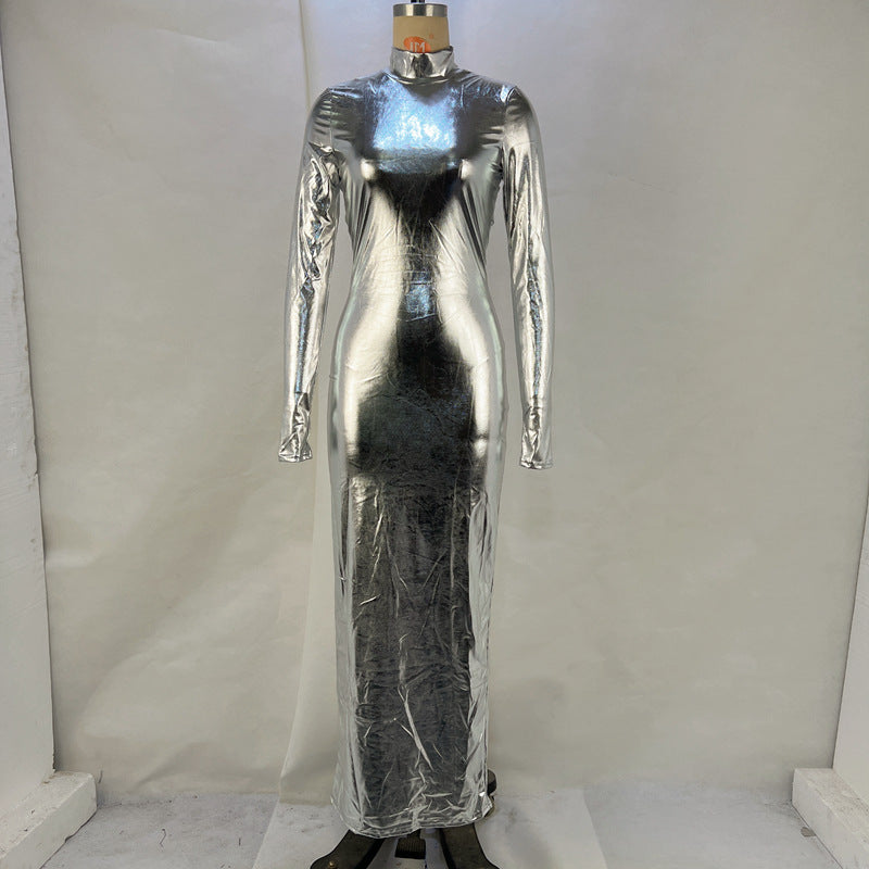 Damen Glänzendes Langarm-Maxi-Kleid mit hohem Kragen und figurbetontem Design Drune