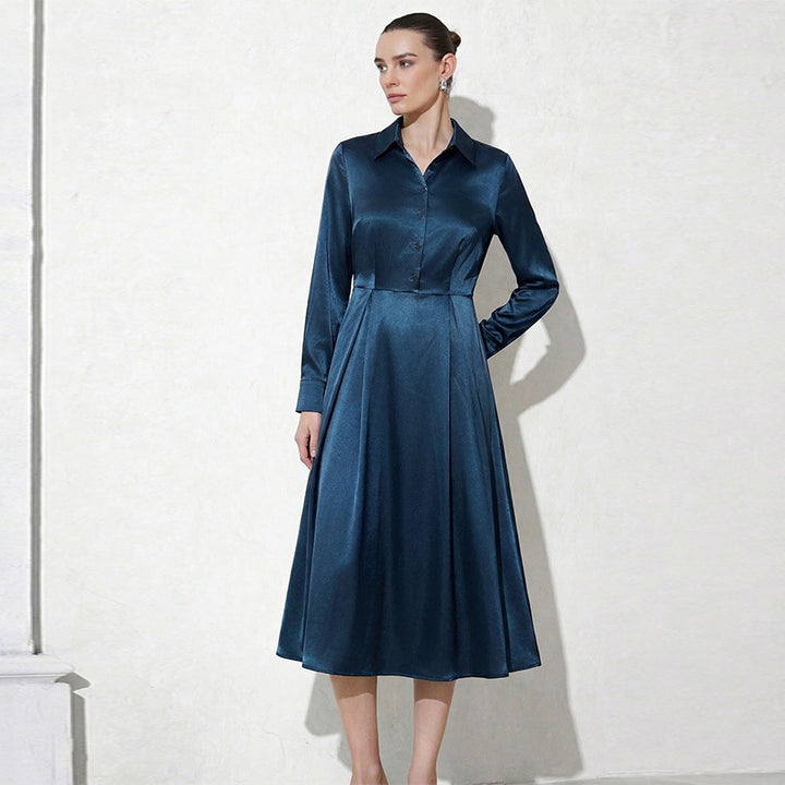 Damen Midi Hemdblusenkleid mit seidigem Glanz Drune