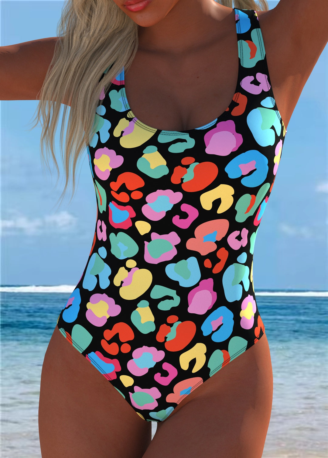 Damen einteiliger Badeanzug mit buntem Leopardenmuster und sportlichem Schnitt Drune