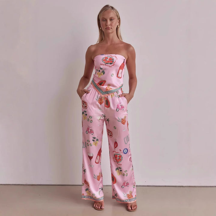 Damen Jumpsuit mit verspielten tropischen Mustern und elastischem Oberteil Drune