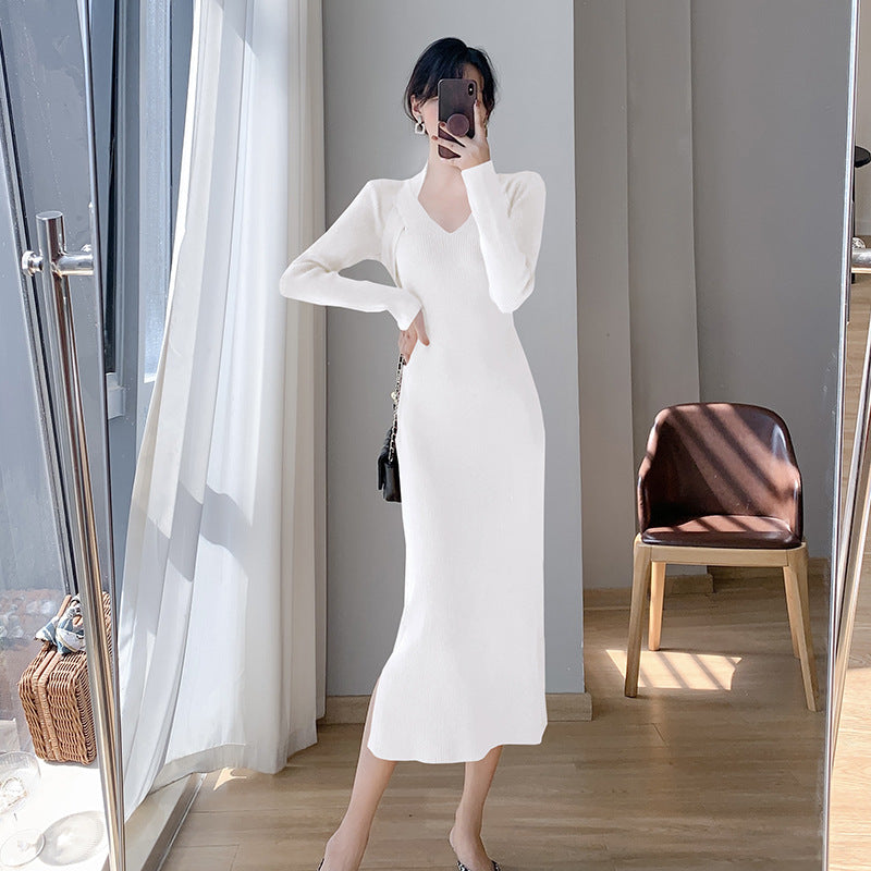 Damen langärmliges Kleid mit V-Ausschnitt und seitlichem Schlitz Drune