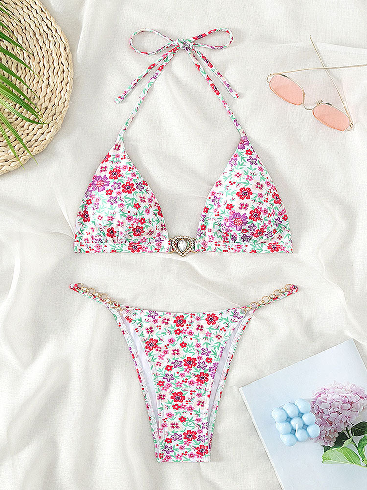 Damen Triangel-Bikini mit dekorativen Kettendetails und floralen Akzenten Drune
