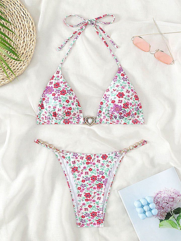 Damen Triangel-Bikini mit dekorativen Kettendetails und floralen Akzenten Drune
