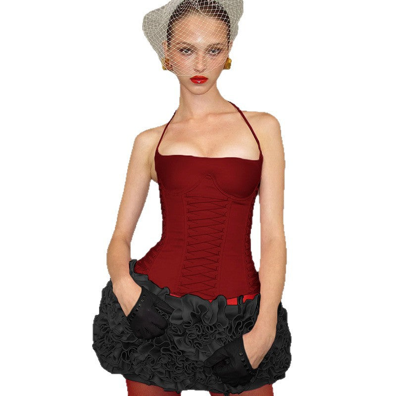Damen Crop-Top mit verspieltem Schnürdesign und eleganten Trägern Drune