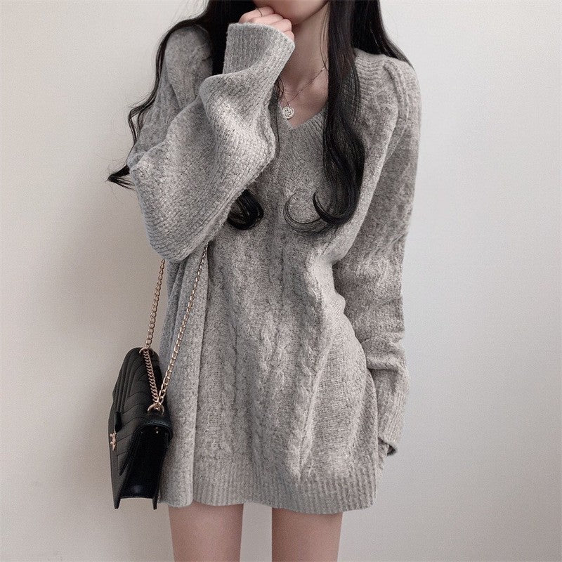 Damen Großer Strickpullover mit Zopfmuster und V-Ausschnitt Drune