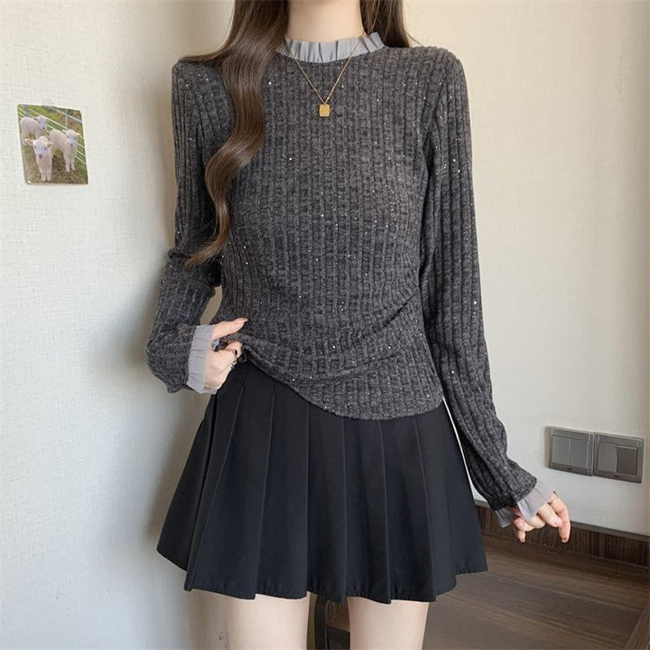 Damen Eleganter Feinstrickpullover mit dekorativem Kragen Drune