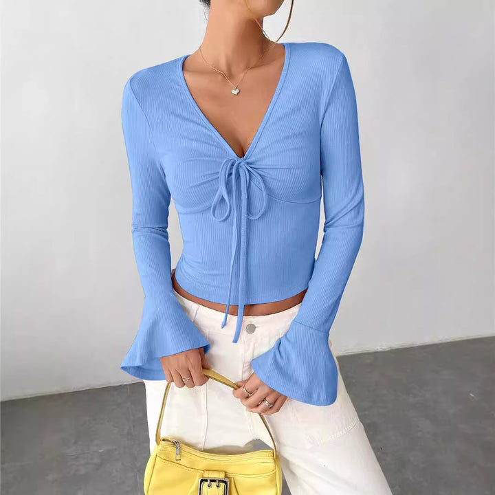 Damen Langarmshirt mit Krawatte und weiten Ärmeln Drune