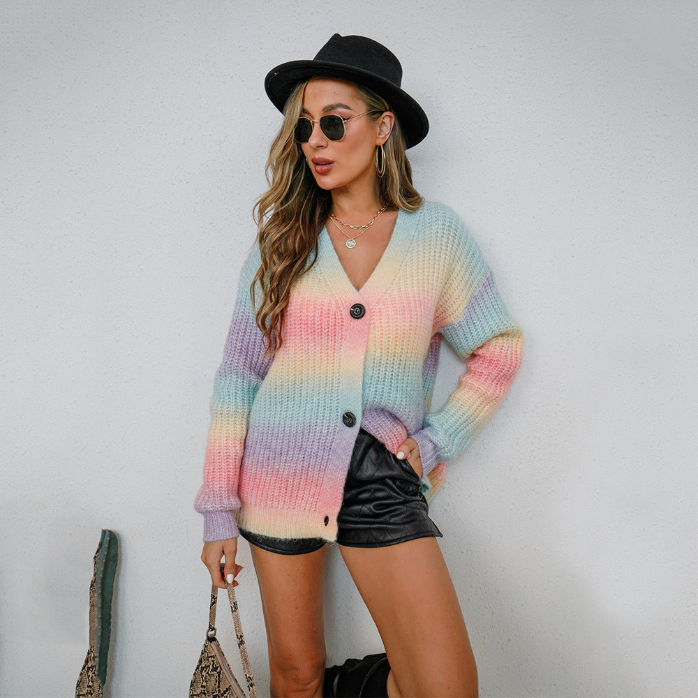 Damen lässige Strickjacke mit auffälligem Farbverlauf und Knopfdetails Drune