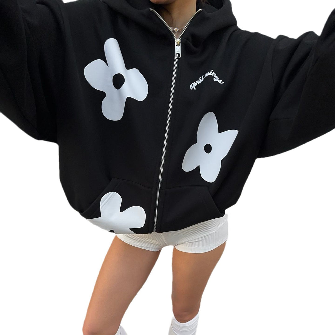 Damen oversized Kapuzenpullover mit kreativen Blumenmotiven Drune