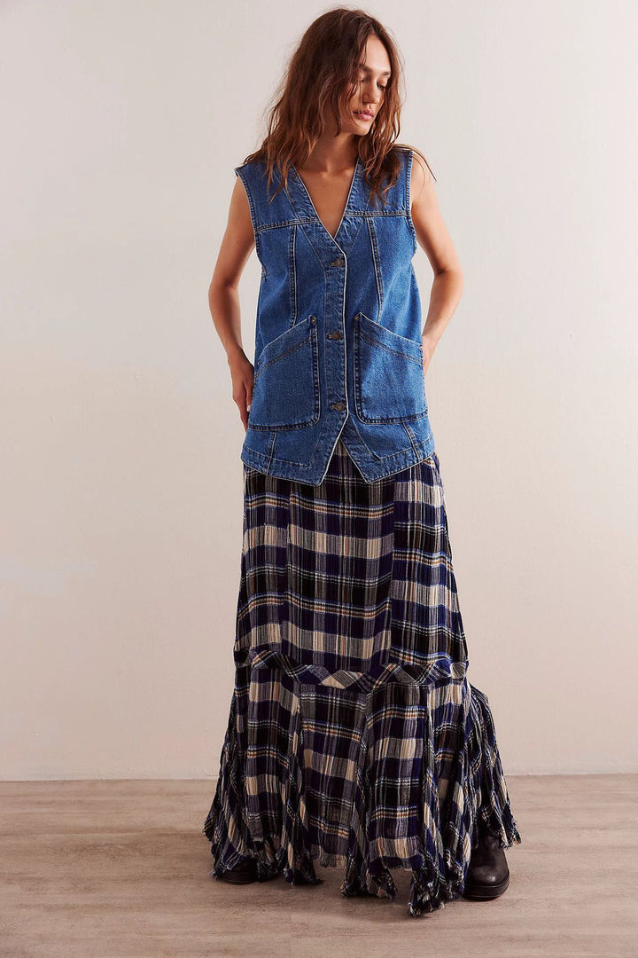 Damen Denim-Latzjacke mit praktischen Taschen und modischem V-Ausschnitt Drune