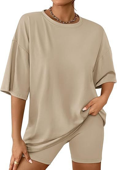Damen Relaxed Fit Oversized T-Shirt und Biker-Shorts-Set Drune
