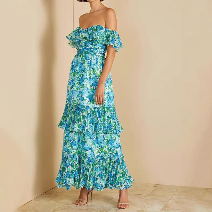 Damen maxi Kleid mit voluminösen Rüschendetails und floralem Design Drune