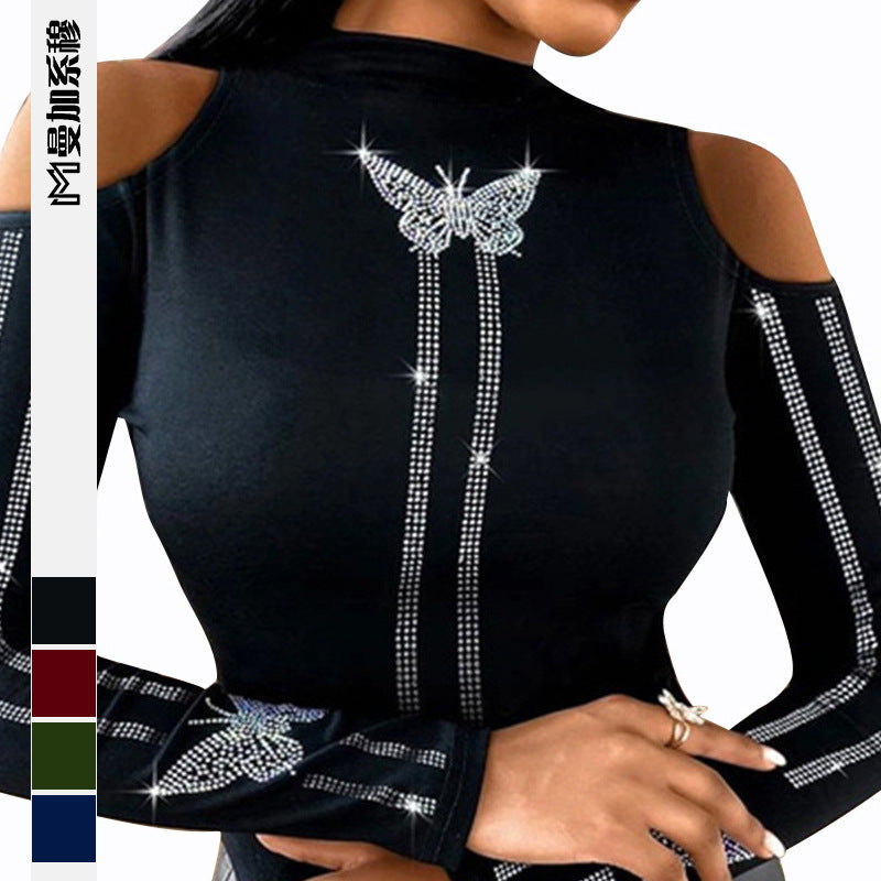 Damen Elegantes Oberteil mit extravaganter Schulteransatz und funkelnden Applikationen Drune