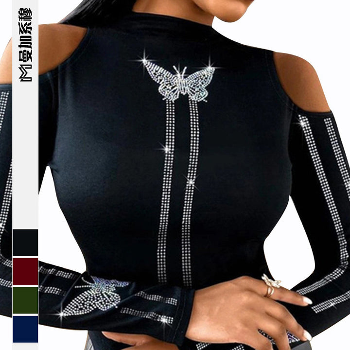 Damen Elegantes Oberteil mit extravaganter Schulteransatz und funkelnden Applikationen Drune