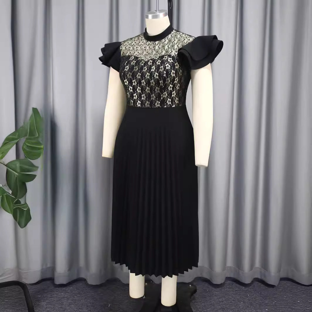 Damen Elegantes Plisseekleid mit floralem Spitzenoberteil Drune