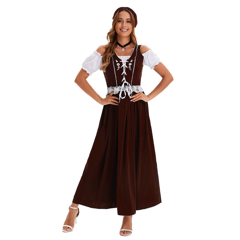 Damen nan langes Trachtenkleid im Dirndlstil mit Corsage-Schnürung und Spitzenbund Drune
